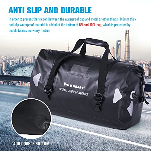 WILD HEART Waterproof Motorcycle Duffel Bag PVC500D Double-bottom With Rope Straps and Inner Pocket 40L 66L 100L for Kayaking, Camping, Boating,Motorcycle - color: 66L Black, size: 66L