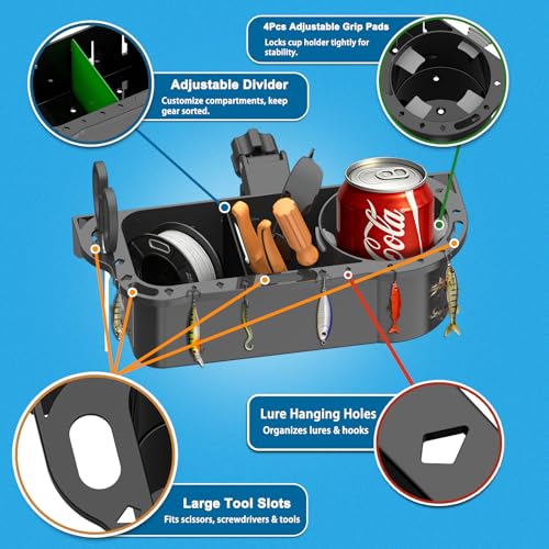 Boat Caddy Organizer, 3-in-1 Mount (Screw/Fishing Boat Track/Clamp-On), Removable Divider Card & Anti-Slip Pad, Fits 40oz Tumbler, for Boat Kayak Tree Stand Bicycle Walker Wheelchair - color: Pack Of 2