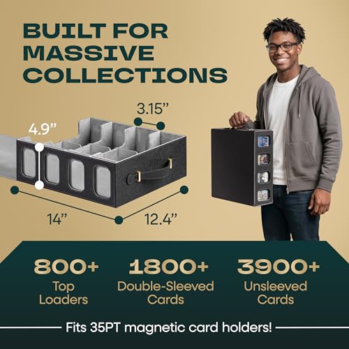 4-Row Mtg Trading Card Storage Box With Display Windows - Magnifier Ruler, 2 Display Stands, 6 Cardholders - 3000+ Card Case With Magnetic Closure, Sports TCG Card Organizer - Gray Card Boxes - color: Black, Gray (4 Row)