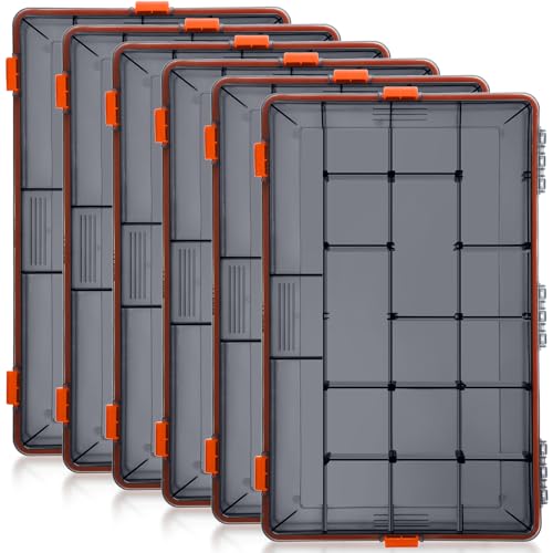 Wonderjune 6 Pack Fishing Tackle Boxes Waterproof 3600 and 3700 Tackle Trays with Removable Dividers Plastic Storage Organizer Bait Vault Camouflage Box for Freshwater Saltwater (Orange,3700) - color: Orange, size: 3700