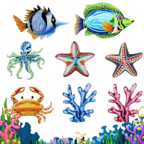 Tandefio 8 Pcs Metal Wall Decor Wall Art Hanging Decorations Outdoor Indoor Sculptures for Garden Fence Pool Home Porch(Starfish, Coral, Octopus, Fish) - style: Starfish, Coral, Octopus, Fish
