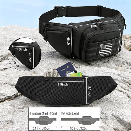Tactical Fanny Pack Gun Holster Concealed Carry Pistol Military Tactical Waist Bag Waterproof Molle EDC Pouch with USA Flag Patch - color: Black with Holster