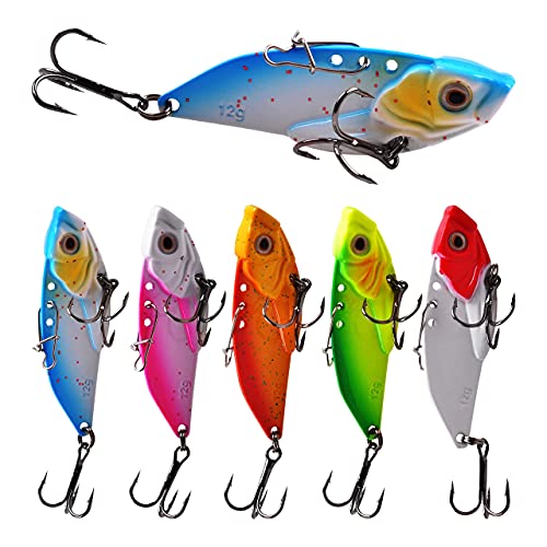 5Pcs Fishing Spoon Lures Metal VIB Hard Spinner Blade Baits with Treble Hooks 3D Eyes Fishing Spoons for Bass Walleyes Trout