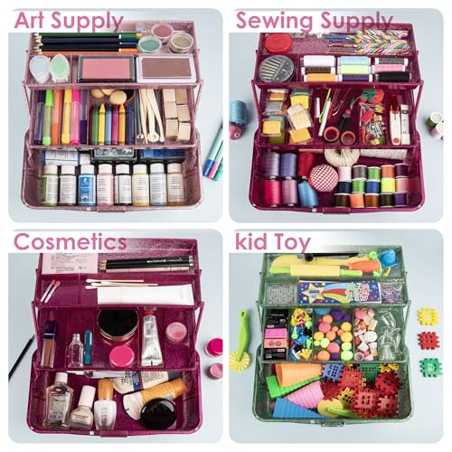 Glitter Purple 3 Layer Craft Storage Box, Purple Tackle Box Organizer for craft tool, Cosmetic Organizer for girls - color: Pink