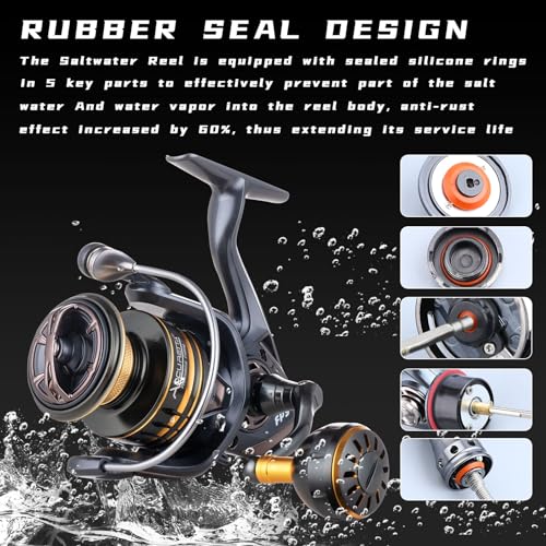 Saltwater Spinning Reel,13+1BB Ultra Smooth Saltwater Fishing Reels,Powerful Carbon Drag,CNC Aluminum Spool & Handle - color: tarnish&gold, size: 4000