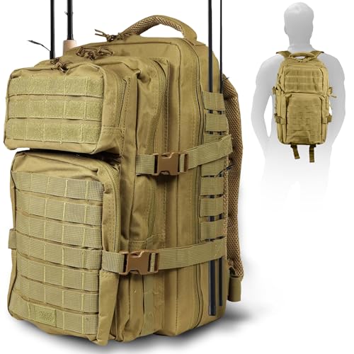 OSAGE RIVER MOLLE Fishing Backpack with Rod Holder - 600D Large Tackle Bag for Trays and Fishing Accessories - Tactical Backpack for Camping, Traveling, Hunting - Khaki - color: Khaki