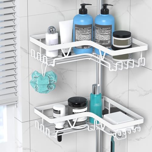DAOYA Shower Caddy Tension Pole Corner - Stainless Steel Bathroom Organizer White Tension Rod Shower Shelves for Tub(22-114.2inch), Renter Friendly - color: White