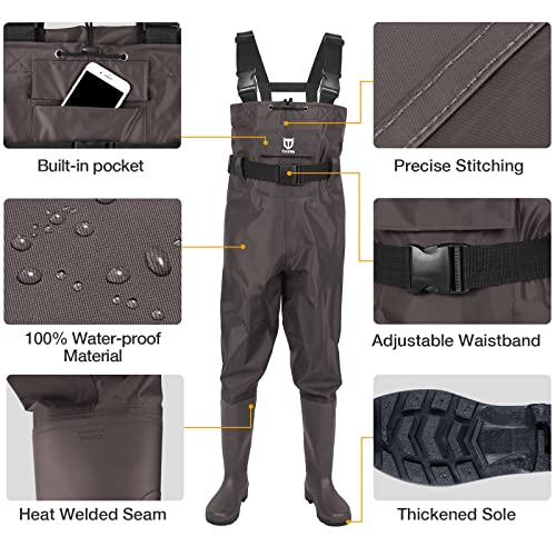 TIDEWE Bootfoot Chest Wader, 2-Ply Nylon/PVC Waterproof Fishing Hunting Waders with Boot Hanger for Men Women Green Brown - color: Brown, size: M5/W7