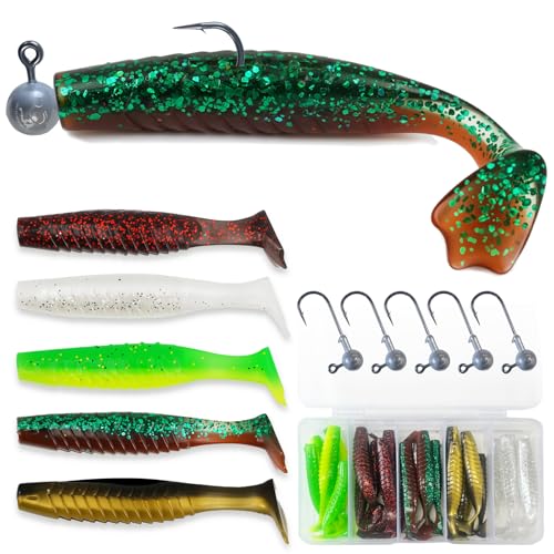 30Pcs Paddle Tail Swimbaits Soft Lures Kit with 5 Lead Jig Heads | Boxed Fishing Set for Bass, Trout, Walleye, Crappie | 2.6in Saltwater/Freshwater Ready | Durable High-Visibility Swimbaits