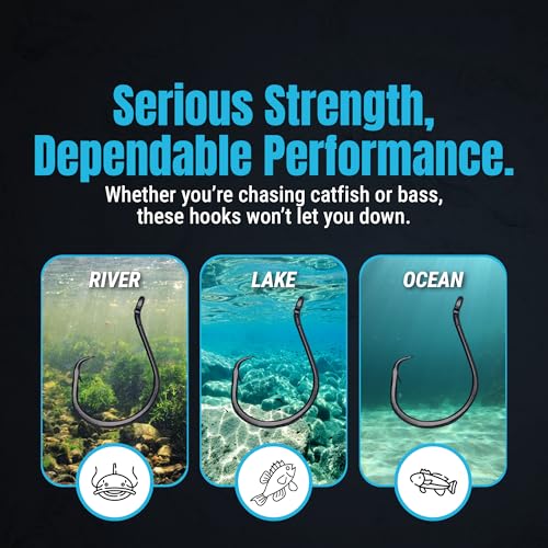 Reaction Tackle Heavy Wire Catfish Hooks - High Carbon Steel for Channel, Blue and Flathead Catfish - Sharp Offset Point, Freshwater and Saltwater Fishing (25-Pack) - size: #1/0