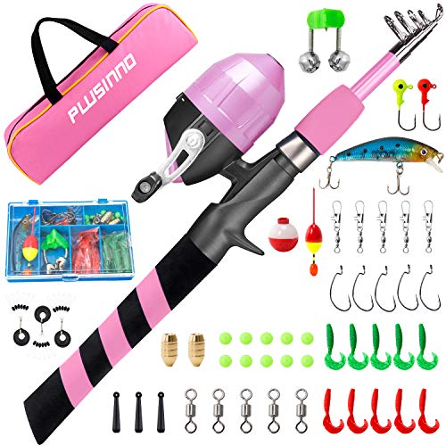 PLUSINNO Kids Fishing Pole, Portable Telescopic Fishing Rod and Reel Combo Kit - with Spincast Fishing Reel Tackle Box for Boys, Girls, Youth - color: Pink, size: 5.91 ft