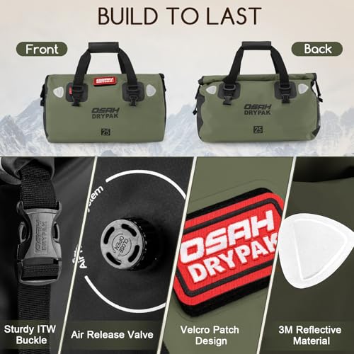 OSAH DRYPAK Waterproof Duffel Bag - Motorcycle Dry Bag Tail Bag with Large Storage Space, Waterproof Luggage Duffle Bags with Outer Mesh Zipper Pocket for Camping, Kayaking, Fishing & Traveling - color: Olive, size: 60L