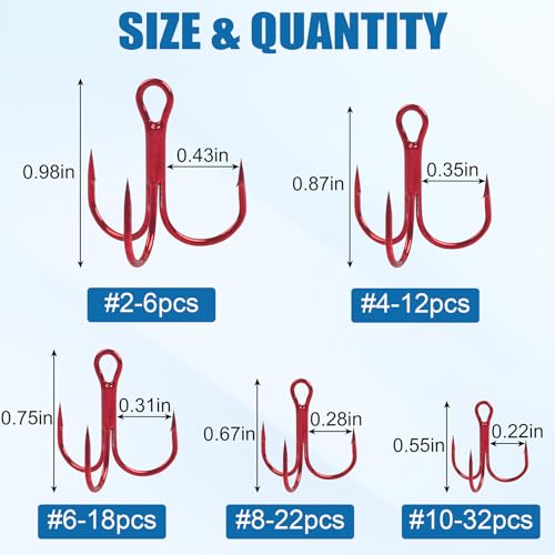 Fishing Treble Hooks Kit 90pcs High Carbon Steel Strong Sharp Round Bend Red Treble Fishing Hooks for Catfish Trout Hard Baits Lures Saltwater Freshwater, Size 2# 4# 6# 8# 10#