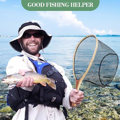 25.5in Fly Fishing Net, Trout Net with Wooden Handle, Soft Rubber Catch and Release Landing Net, Lightweight Fish Net with Safety Lanyard for Stream Creek River Fishing