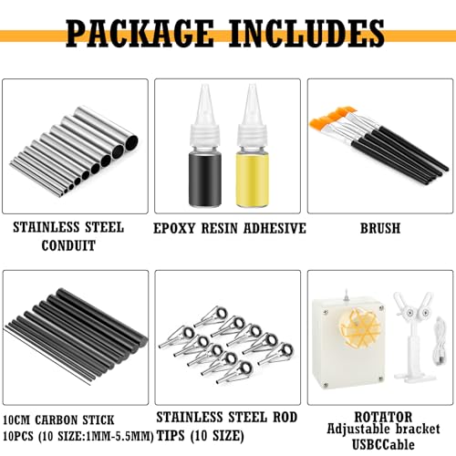 39 Pcs Fishing Rod Repair Kit, Include Fishing Rod Wrapping Winding Machine Rotator Set, 10 Top Guides 10 Repair Tubes 10 Carbon Fiber Inserts 2 Epoxy Glue 5 Paintbrush Rods Building Tool