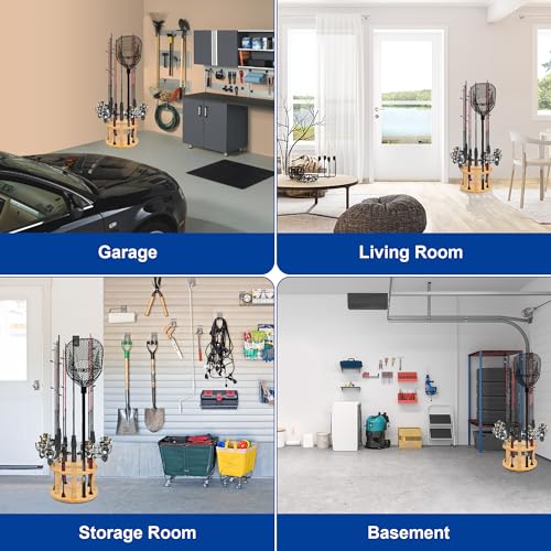 Fishing Rod Holders for Garage 360 Degree Rotating Fishing Pole Rack, Floor Stand Holds up to 12 Rods Bamboo Wood Fishing Gear Equipment Storage Organizer, Fishing Gifts for Men