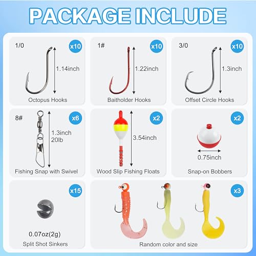 Fishing Tackle Kit Beginners, 58pcs Kids Tackle Box Includes Fishing Hooks Bobbers Sinkers Swivel Snaps Soft Lure Jig Heads Fishing Gifts for Men Starter Equipment