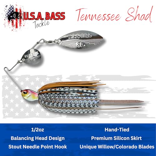 USA BASS Tackle Apache Attack Spinnerbait Type II Largemouth Smallmouth Spotted Bass Premium Fishing Bait Handtied Skirt Custom Blades Heavy Duty Hook New for 2025 - color: Tennessee Shad, size: 1/2oz - Willow/Colorado
