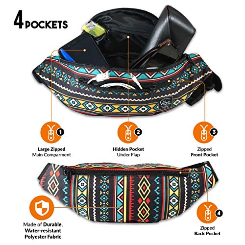Vibe Festival Gear Rave Fanny Pack for Women Men – Festival, 4 Pockets, Adjustable Strap, Cute Waist Bag, Crossbody Belt Bag, Hiking, Running, Cycling - color: Tribal, size: Fits Most