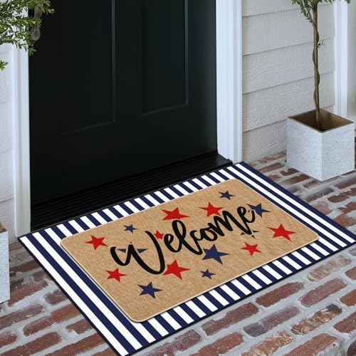 Tinideya 2 Pcs 4th of July Door Mat Outdoor Patriotic 250th Anniversary Welcome Doormat for Front Door Linen Rubber Layered USA Red White Blue Rug Nonslip Independence Day Decor for Porch Entryway - size: 16 x 28 Inch,24 x 35 Inch, style: Black and White