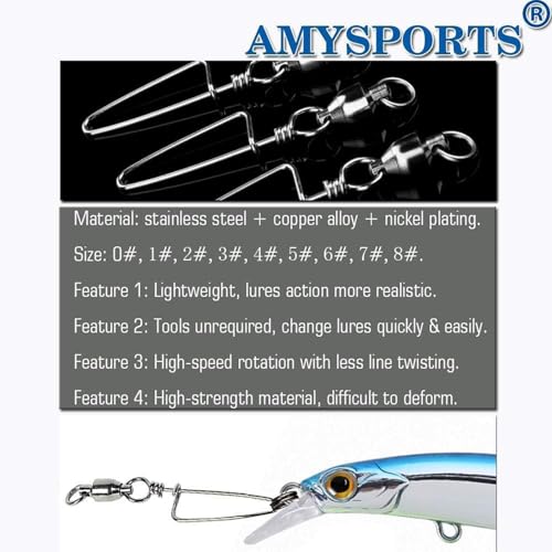 AMYSPORTS High Strength Fishing Snap Swivels - Stainless Steel Ball Bearing Swivels - Saltwater & Freshwater Fishing - size: Size 0+0 (19lb) 50 pcs