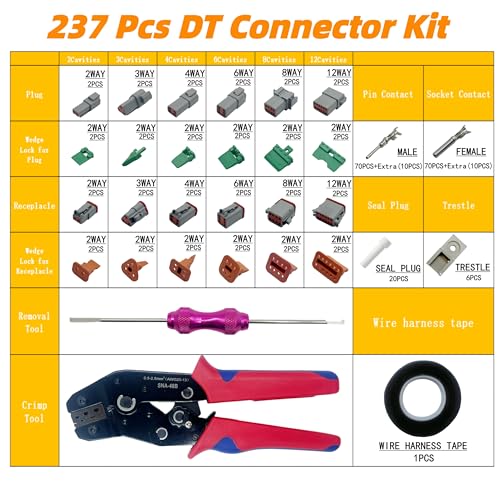 237 PCS Deutsch Connector Kit with ratchet crimping pliers and Terminal Removal Tool,DT2 3 4 6 8 12 Pin Connectors,IP68 Waterproof Electrical Connector Plug with 80 Pairs Size 16 Stamped Contacts