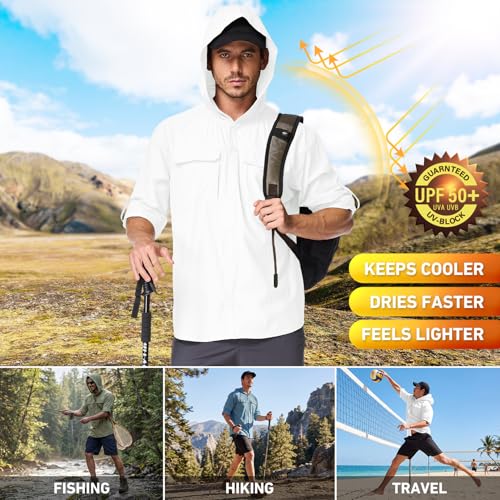 Mens Sun Protection Hiking Fishing Safari Shirts with Hood Long Sleeve Outdoor Quick Dry Shirts Hoodie - color: 5105 White, size: XX-Large