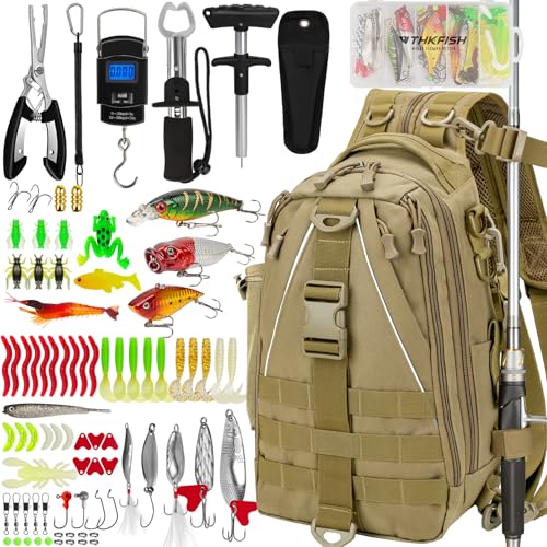 THKFISH 85Pcs Fishing Tool Kit, Fishing Backpack with Tackle Boxes Included, Fishing Tackle Kit Include Fishing Bait Lure Gear Kit, Fishing Pliers, Fish Hook Remover, Lip Gripper - color: Khaki Backpack