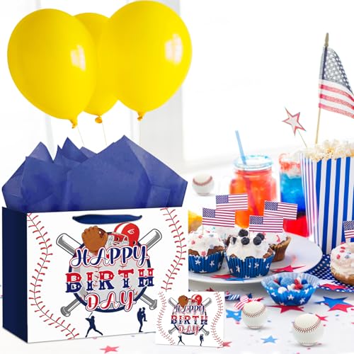 Hooqict Baseball Gift Bag Baseball Birthday Party Gift Wrap Bag with Handles, Tissue Paper, Greeting Card for Kids Boys Men Sport Themed Birthday Party Favors Supplies - color: Baseball
