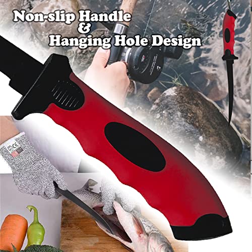 Fishing Fillet Knife Set, 7 Inches Professional Stainless Steel Blade Filet Knife for Fish, with Sharpener and Cutting Resistant Gloves, Fishing Gear, Fishing Tool Set, Red - color: Red