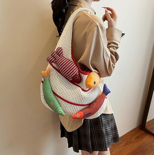 Knitted Beach Shoulder Bag for Women 3D Fish Bohemian Tote Versatile Purse Soft Hobo Handbag for Summer Vacation 2026 - color: B Red