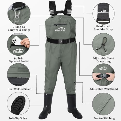 Fishing Waders for Men & Women, Waterproof 2-Ply Nylon/PVC Chest Wader with Boots for Outdoor Sizes 4-13 Bootfoot - color: Grey, size: US-M10/W12