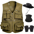 HUNTURE Fishing Vest,Pocket Vest and Hat Gloves Neck Gaiter Set for Men,Lightweight Utility Outerwear Vest - color: Khaki, size: Medium