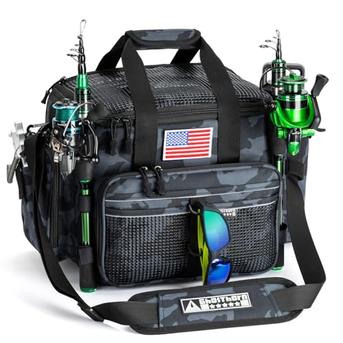 Ghosthorn Fishing Tackle Bag with Rod Holder Saltwater & Freshwater Resistant Large Tackle Box Bag - Adjustable Padded Shoulder Strap (Black Camouflage) - color: Black Camo, size: Large