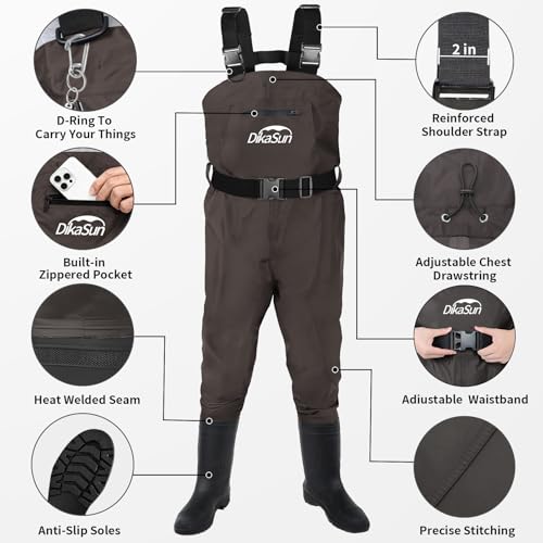 Fishing Waders for Men & Women, Waterproof 2-Ply Nylon/PVC Chest Wader with Boots for Outdoor Sizes 4-13 Bootfoot - color: Brown, size: US-M7/W9