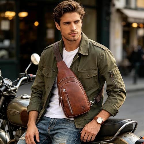 Crossbody Bags for Men Leather Sling Bags Mens Chest Bag Backpack Travel Hiking Fishing Outdoor Sports - color: Dark Brown
