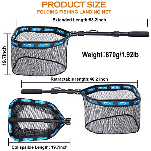 PLUSINNO Floating Fishing Net for Steelhead, Salmon, Fly, Kayak, Catfish, Bass, Trout Fishing, Rubber Coated Foldable Landing Net with Fixed or Telescoping Pole Handle, Fishing Gear and Gifts for Men - color: 19.7"/50cm Hoop Size length 1.35M Blue (Telesc