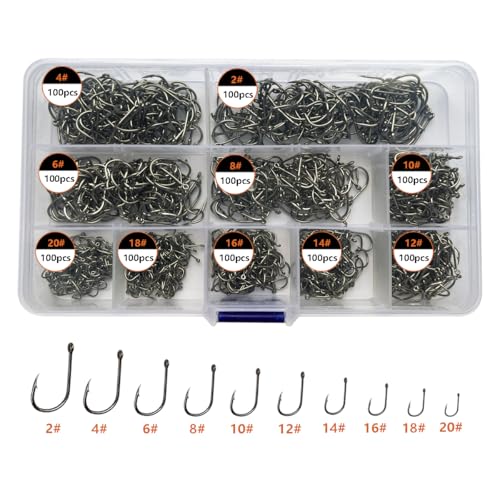 AMHDV 300Pcs/ 500Pcs/ 1000Pcs Small Fishing Hooks, 10 Different Sizes Tiny Fish Hook Set for Freshwater - style: 1000pcs (2# to 20#)