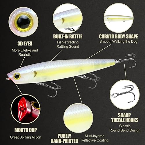 LUCKY CRAFT Gunfish 95 3 Hook Freshwater Fishing Lures and Bait for Bass Fish, Topwater Fish Line, Surface Bait with Treble Hooks, Fishing Gear for Tackle Box - color: 250 Chartreuse Shad