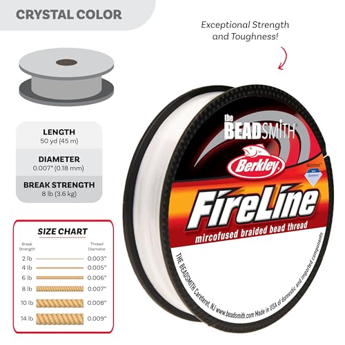 The Beadsmith Fireline by Berkley – Micro-Fused Braided Thread – 8lb. Test, .007”/.17mm Diameter, 50 Yard Spool, Crystal Color – Super Strong Stringing Material for Jewelry Making and Bead Weaving - color: Crystal, size: 8lb, .007”, 50 yard