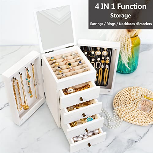 Meangood Jewelry Box Wood for Wowen, 5-Layer Large Organizer Box with Mirror & 4 Drawers for Rings, Earrings, Necklaces, White - color: 5 Layer White, size: 5 Layer
