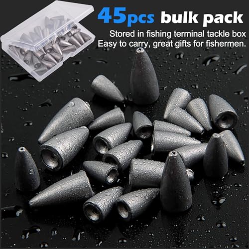 Bullet Fishing Weights Sinkers, 45 Pack Fishing Sinkers Worm Weights Sliding Fishing Sinkers for Bass Fishing Pitching and Flipping Texas Rigs Saltwater Freshwater Fishing Tackle - style: 1/4oz - 45pcs
