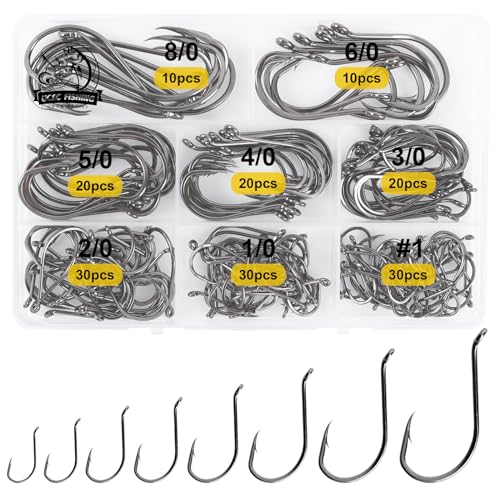 UCEC Circle Fishing Hooks Octopus Hooks Saltwater Freshwater, High Carbon Steel Offset Fishing Octopus Hook Set for Catfish Trout Fishing Size #1 1/02/03/04/05/06/07/08/0 170/ 100PCS - color: 170PCS Size: #1 1/0 2/0 3/0 4/0 5/0 6/0 8/0
