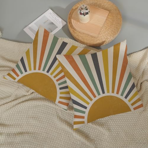 Summer Pillow Covers 16x16 Inch 2 Pcs Boho Mustard Yellow Sunshine Outdoor Decor Throw Pillows Stripes Rainbow Sun Farmhouse Holiday Decoration Pillowcase Linen Cushion Cover for Couch Sofa Bed - color: Boho Sun 01, size: 16" x 16" (Pack of 2)