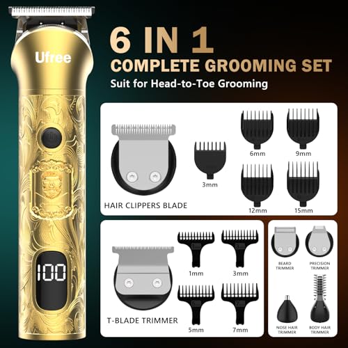 Ufree 8 in 1 Professional Hair Cutting Kit, Hair Clippers for Men, Cordless Clippers and Trimmers Set, Beard Trimmer, Electric Shaver with Rechargeable, Grooming Gifts for Barber & Home Use - color: Golden
