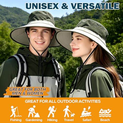 Wide Brim Sun Bucket Hat, Waterproof Boonie Hat for Men & Women | UPF 50+ UV Protection, Adjustable Fit, Chin Strap & Sweatband, Foldable Durable for Fishing Hiking Garden Beach - color: 02 Beige+army Green