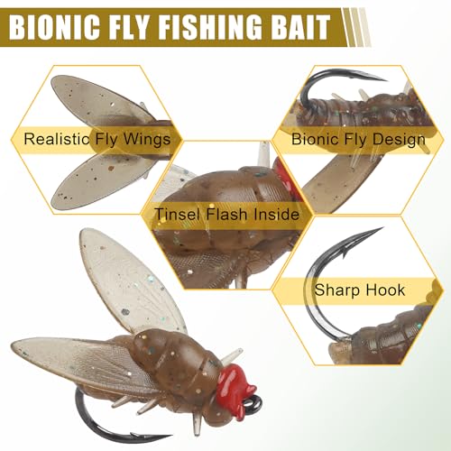 Bionic Fly Fishing Bait, Flies Fishing Lures Kit Trout Jigs Swimbaits Dry Flies Fly Fishing Lures Fish Attractant Fly Fishing Hook for Saltwater Freshwater Bass Panfish 15mm - color: Brown-18pcs