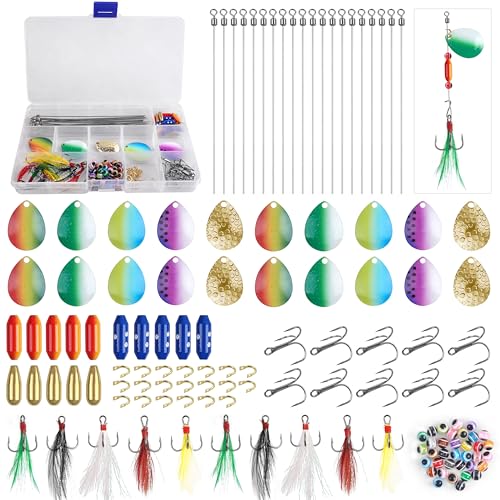 195pcs Spinner Making Kit Fishing Lure Making Kit Spinnerbaits Spinner Blade Clevis Feather Treble Hooks DIY Make Your Own Lure Set for Bass Trout Walleye Lures Fishing Gifts
