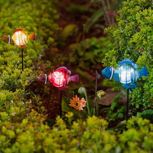 Fish 3Pack 21.3''H Outdoor Figurine Lights, Multicolor Clownfish Solar Garden Decor with Led Lights, Decorative Garden Stake for Yard, Patio, Lawn - color: Fish 2-3Pack