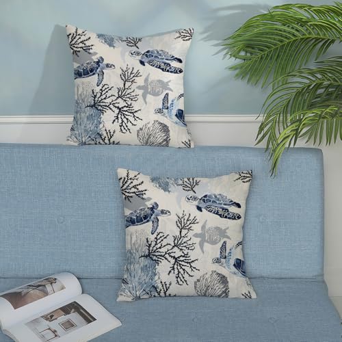 Nautical Coastal Pillow Covers 18x18 Set of 2 Beach Themed Ocean Coral Sea Turtle Decorative Throw Pillows Blue Outdoor Decor Pillow Cases Linen Farmhouse Cushion Case for Sofa Home Holiday - color: Coral Sea Turtle, size: 18" x 18" (Pack of 2)